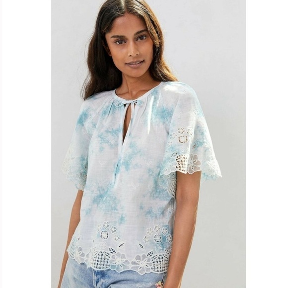 Anthropologie Olivia Embroidered Tie-Dye Cloud Blouse in Blue Sz XS - Picture 1 of 9